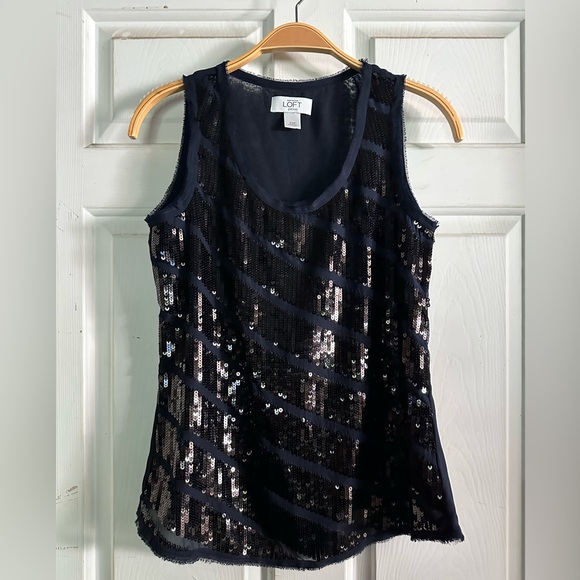 🌟 LOFT Black Sequin Striped Tank Top - Picture 1 of 3